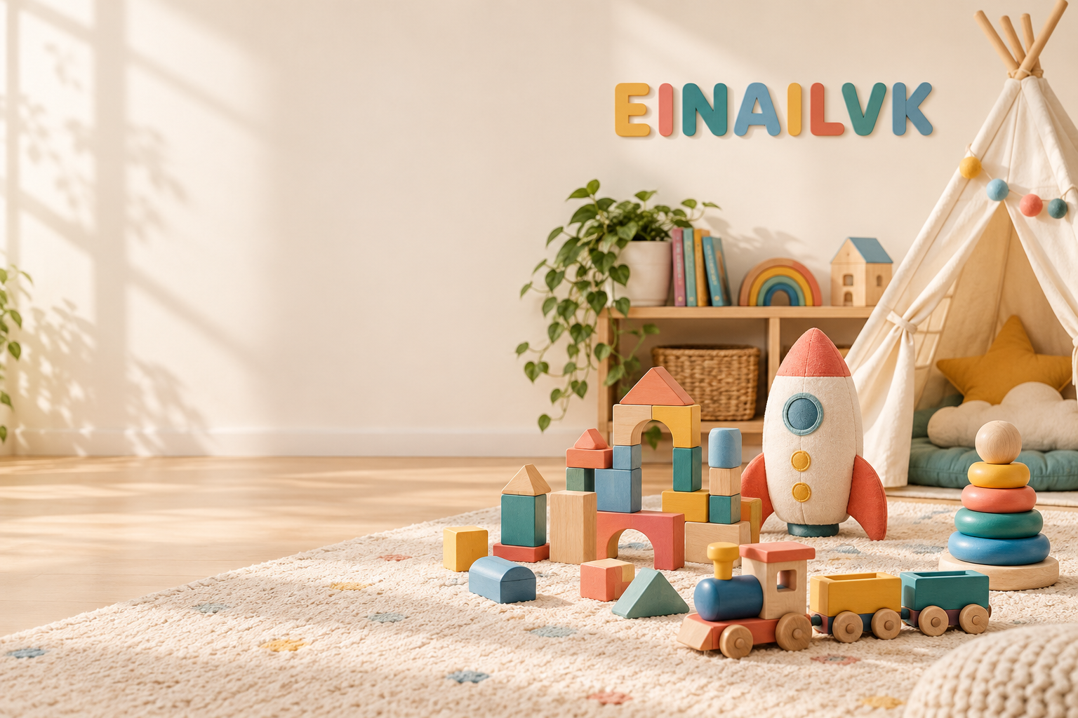 A warm, colorful playroom filled with wooden toys and a plush rocket